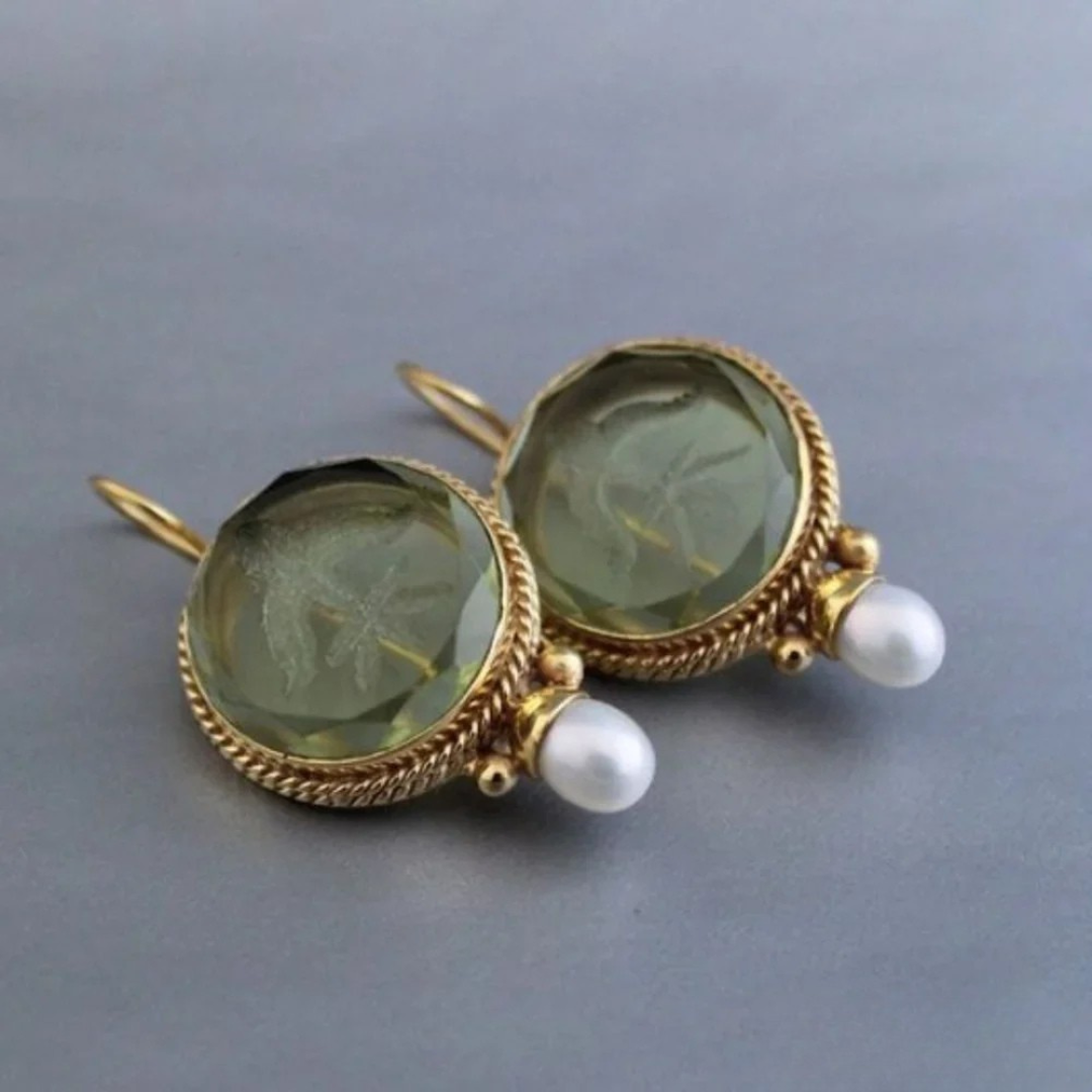 Vintage Green Stone and Pearl Earrings