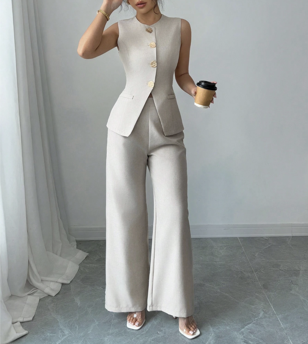 Chic Cream Wide-Leg Trouser Set for Events