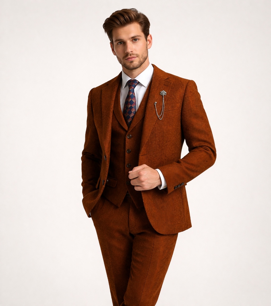 Men’s Brown Tweed Suit Set for Formal Events