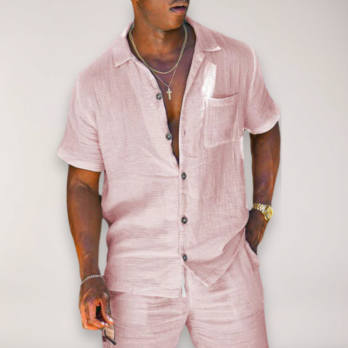 Men’s Linen Summer Ensemble – Short Sleeve Shirt & Shorts for Outdoor Events