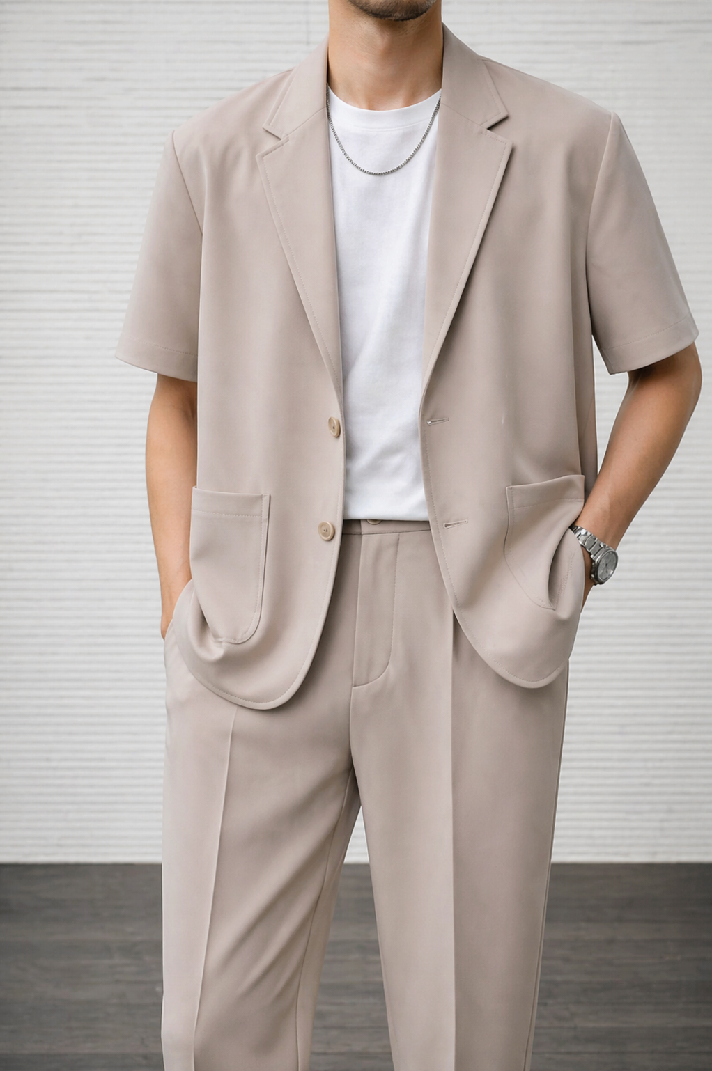 Men’s Short Sleeve Blazer and Trouser Ensemble for Formal and Social Events