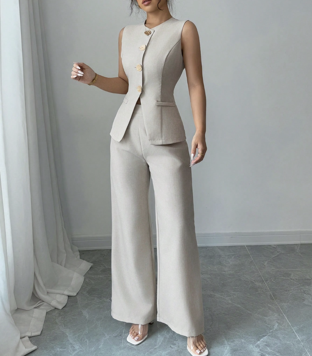 Chic Cream Wide-Leg Trouser Set for Events