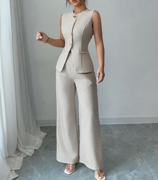 Chic Cream Wide-Leg Trouser Set for Events