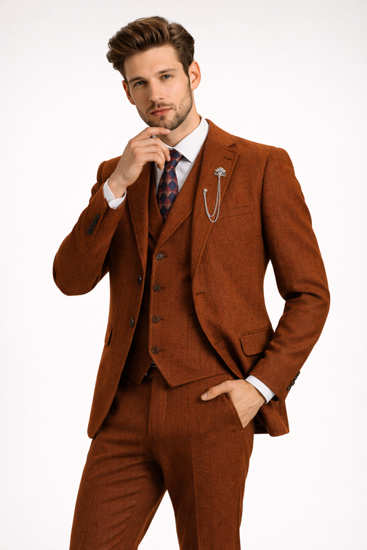 Men’s Brown Tweed Suit Set for Formal Events