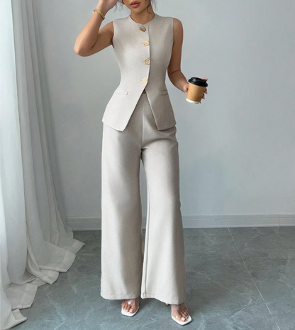 Chic Cream Wide-Leg Trouser Set for Events