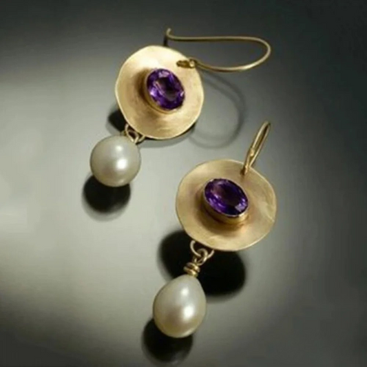 Pearl Earrings with Gold and Purple Zirconia