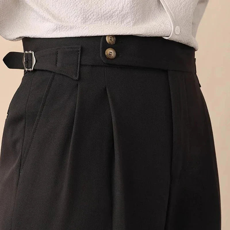 High-Waisted Trousers with Side Buckle – Chic Style for Any Occasion