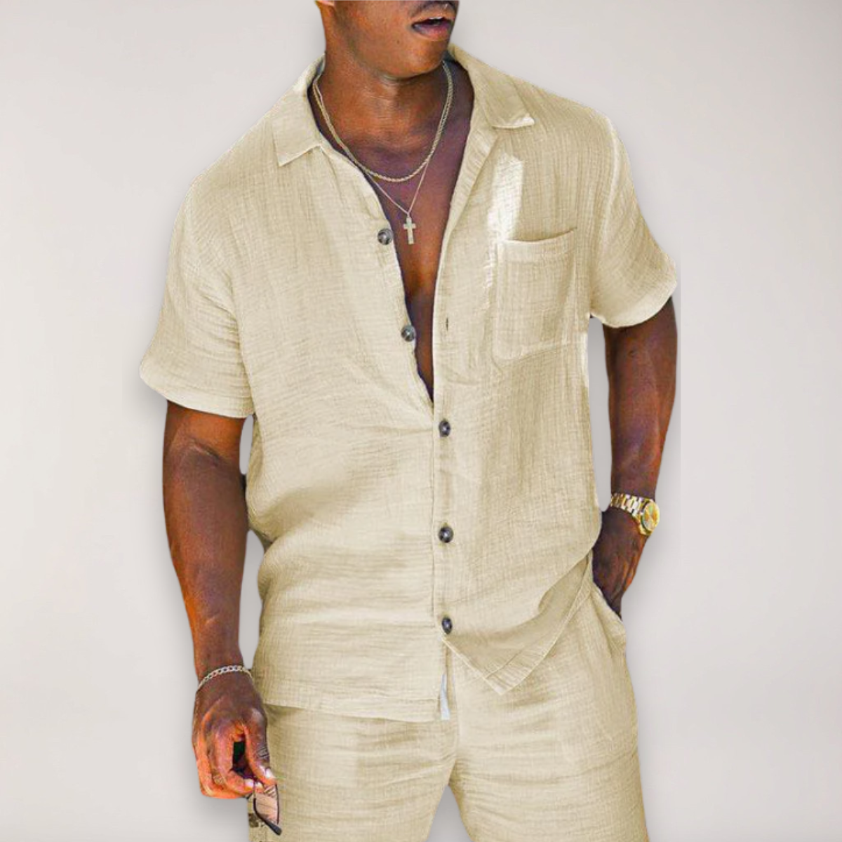 Men’s Linen Summer Ensemble – Short Sleeve Shirt & Shorts for Outdoor Events