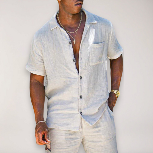 Men’s Linen Summer Ensemble – Short Sleeve Shirt & Shorts for Outdoor Events