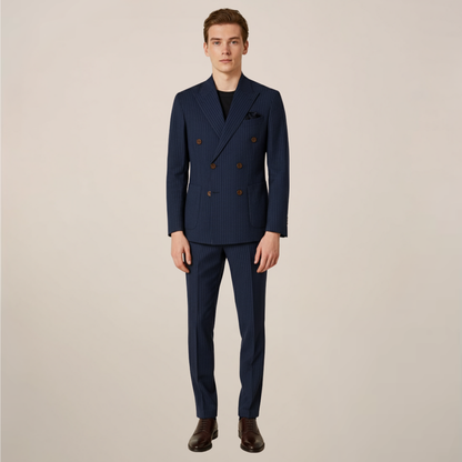 Men's Navy Blue Pinstripe Suit - Stylish Formal Attire for Business & Evening Events