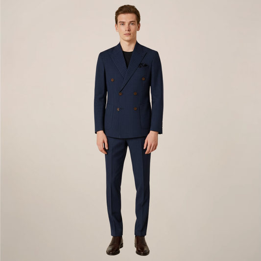 Men's Navy Blue Pinstripe Suit - Stylish Formal Attire for Business & Evening Events