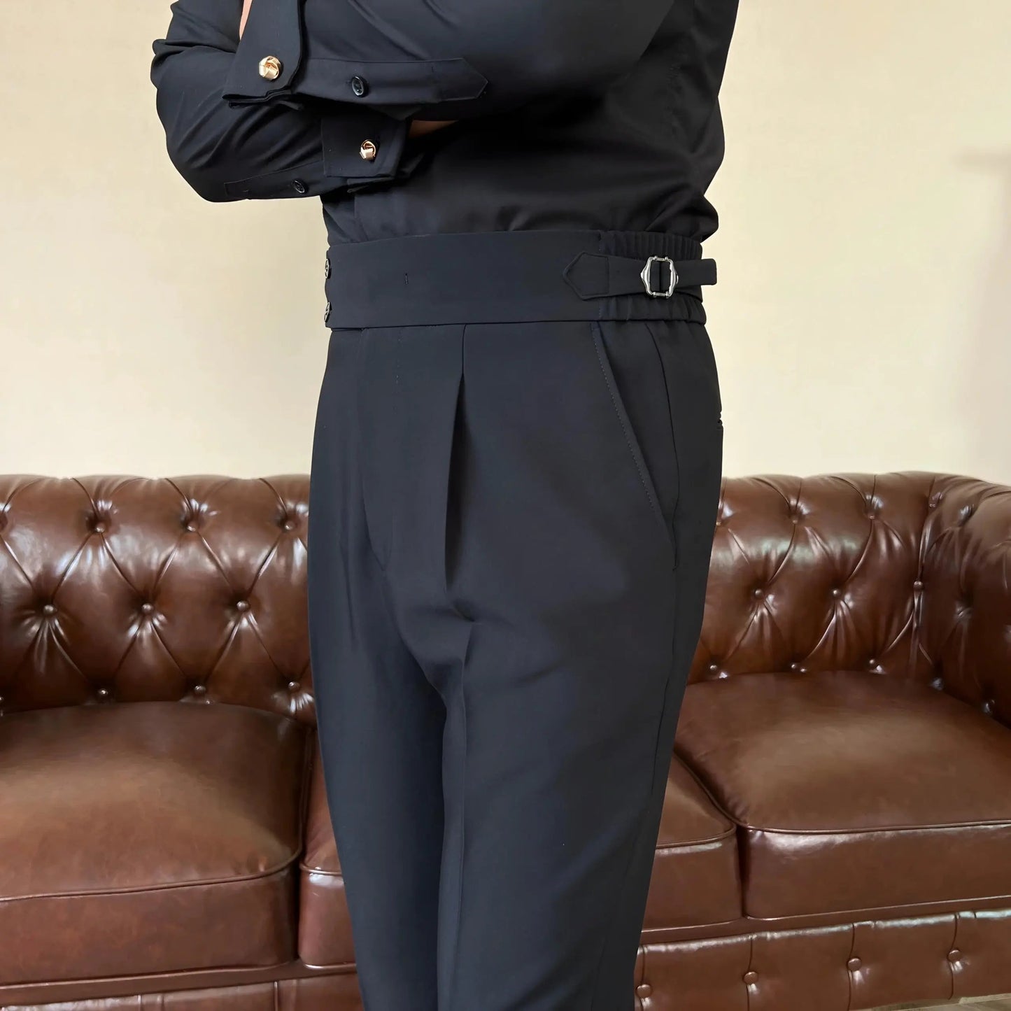 Men's Pleated Trousers with Side-Tab Adjusters for Stylish Occasions