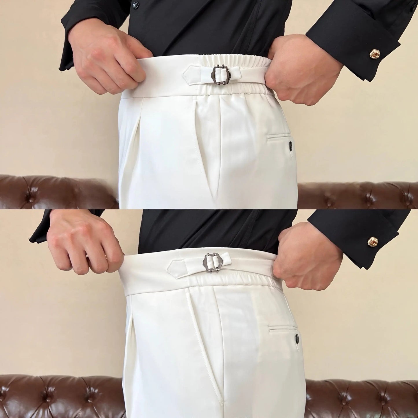 Men's Pleated Trousers with Side-Tab Adjusters for Stylish Occasions