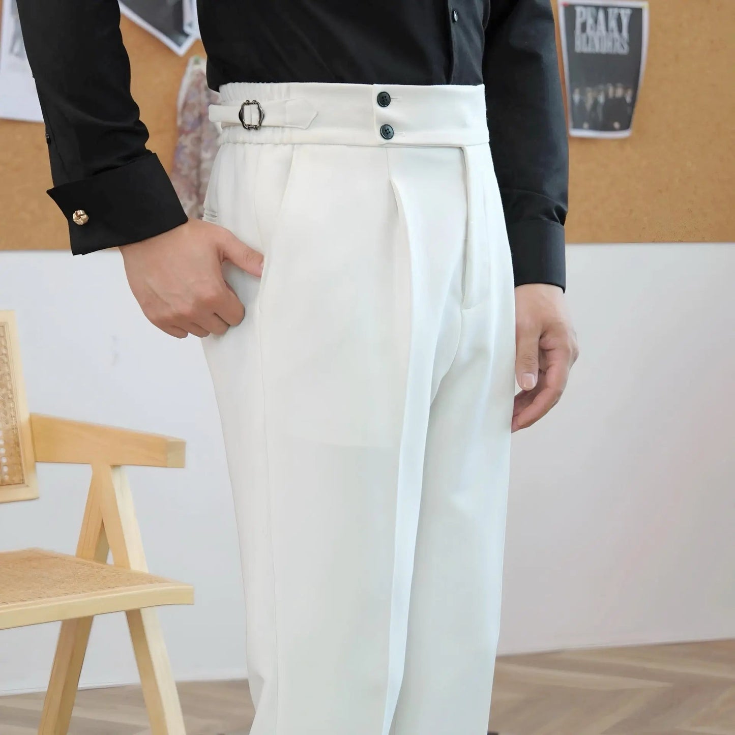 Men's Pleated Trousers with Side-Tab Adjusters for Stylish Occasions