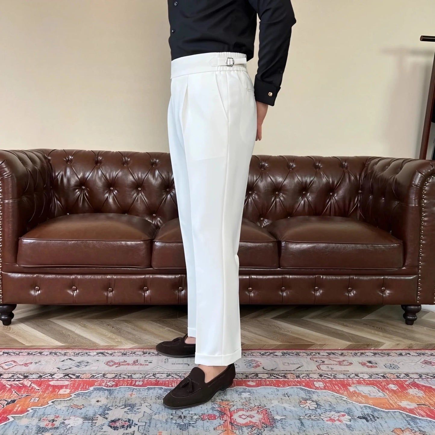 Men's Pleated Trousers with Side-Tab Adjusters for Stylish Occasions