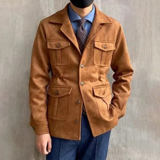 Men's Suede-Style Hunting Jacket – Four-Pocket Design for Outdoor Adventures