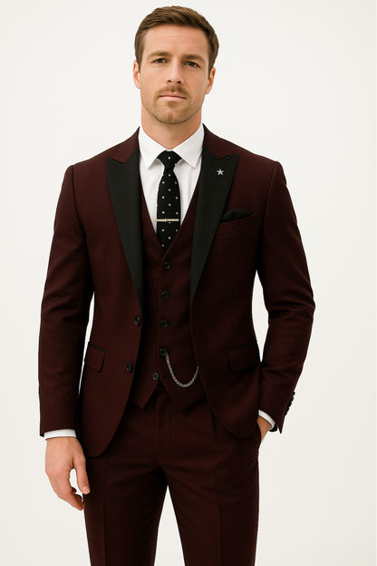 Burgundy Men's Three-Piece Suit for Formal Events
