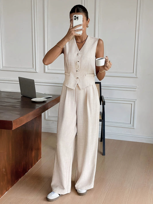 Chic Women's Sleeveless Blazer & Wide-Leg Trousers for Office or Events