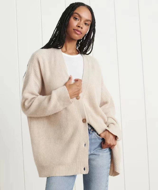 Cozy Oversized Knit Cardigan Sweater for Women - V-Neck Ribbed Design