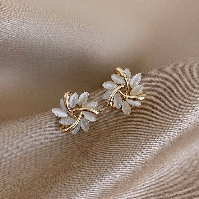 Gold and White Opal Earrings