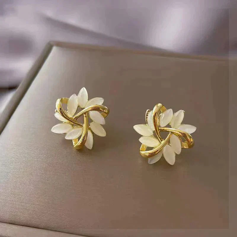 Gold and White Opal Earrings
