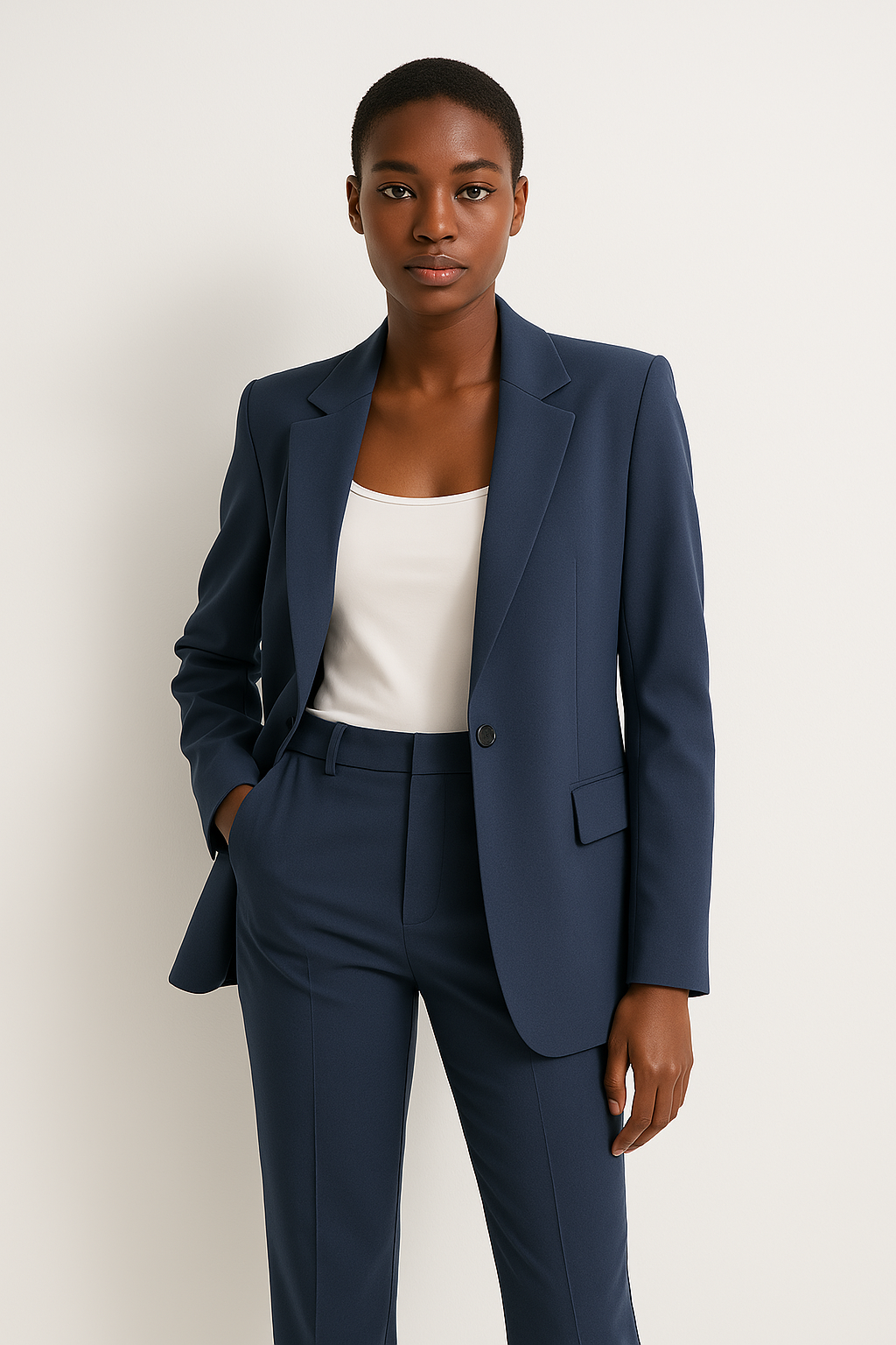 Chic Navy Blue Trouser Suit with Blazer for Office or Events