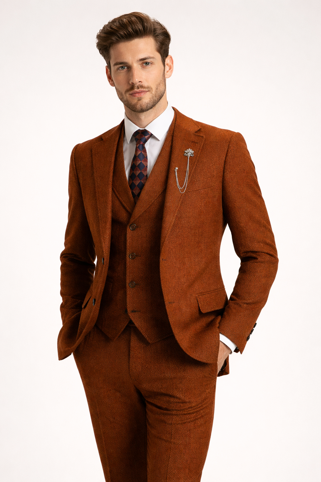Men’s Brown Tweed Suit Set for Formal Events