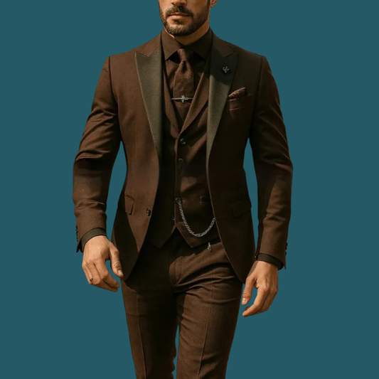 Dark Brown Men's Suit Set with Black Shawl Lapel for Formal Events