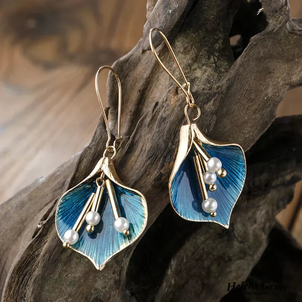 Retro Silver Earrings with Blue Lotus Design
